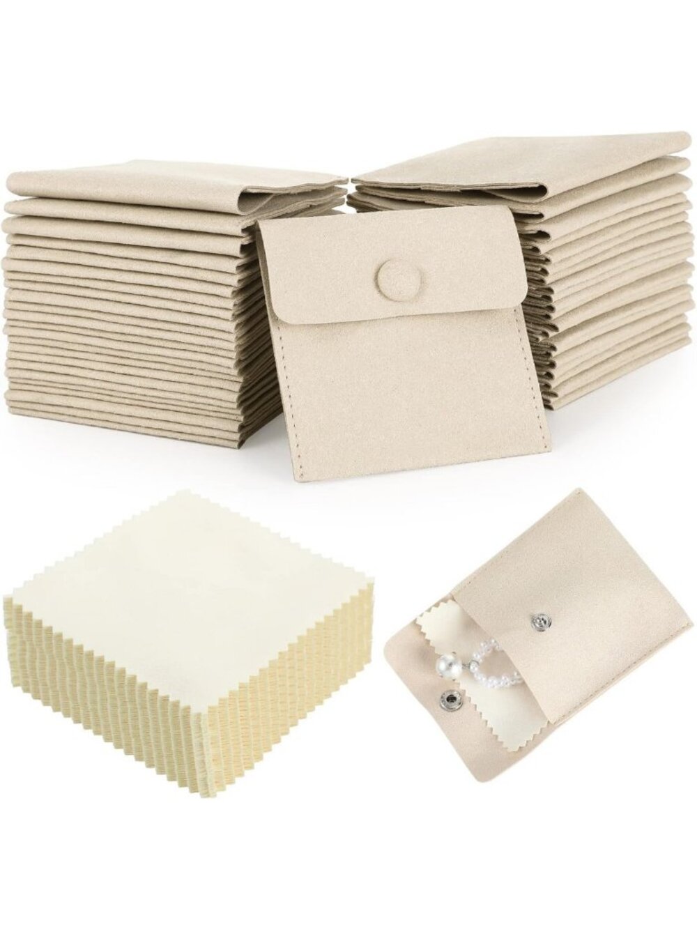 120 Pack Microfiber Jewelry Pouches with Cleaning Cloths - 3.2"x3.2" Snap Bags